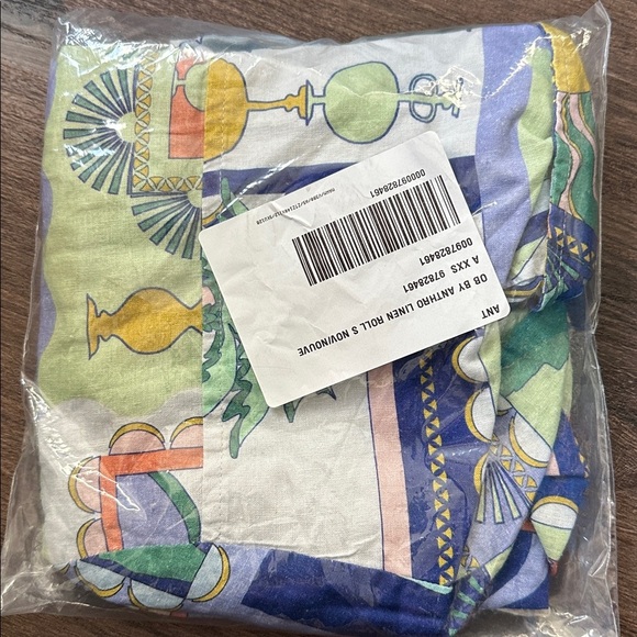 NWT! By Anthropologie Short-Sleeve Printed Linen Buttondown Shirt Top - XXS 🐸 - Picture 5 of 5